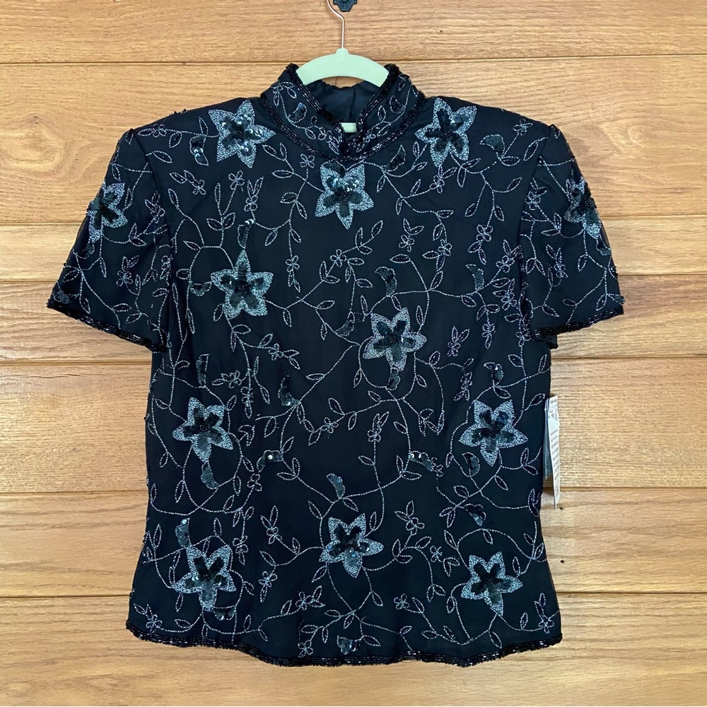 Vintage 1990s Adrianna Papell deadstock silk black beaded short sleeve top